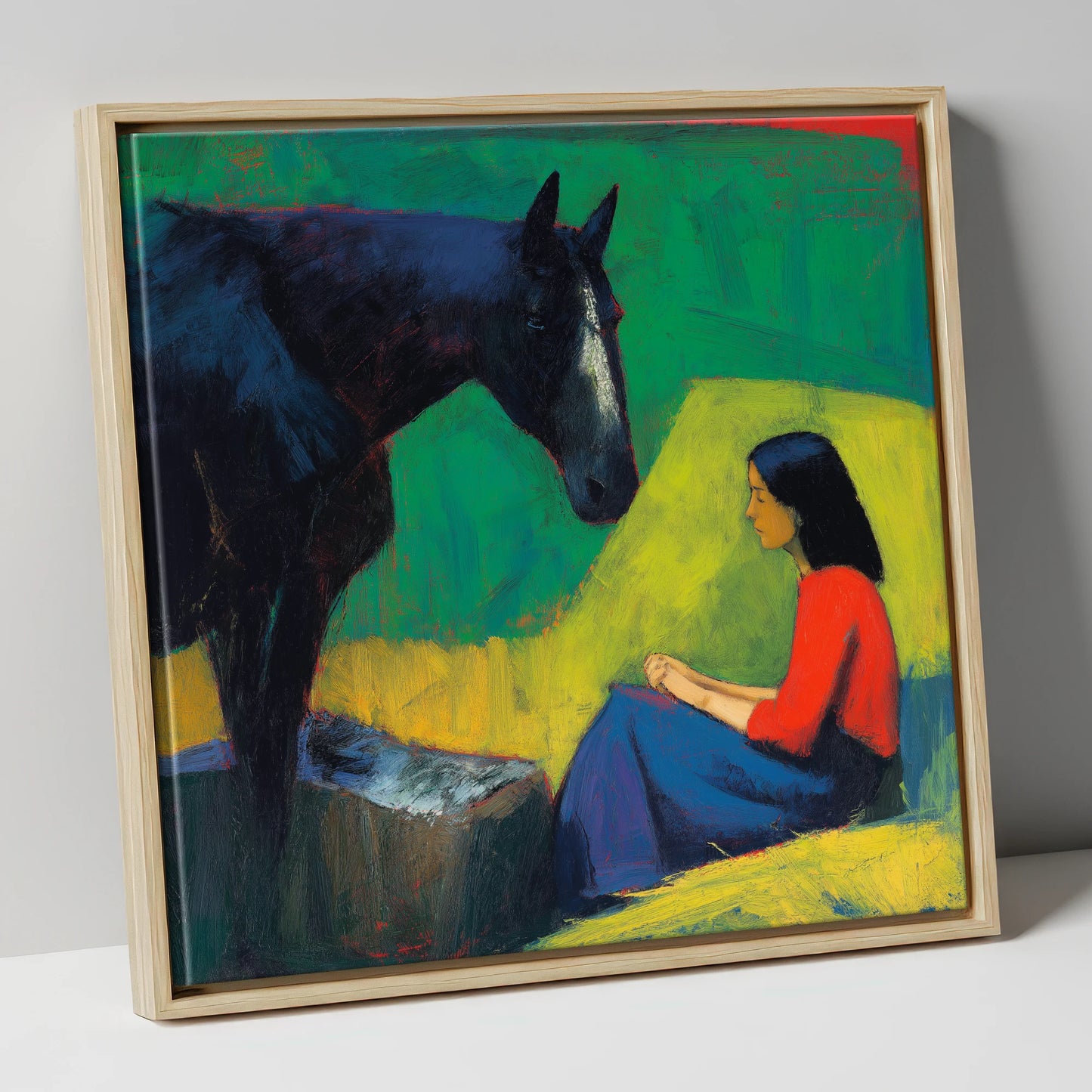 Quiet Communion horse & rider canvas wall art in natural frame