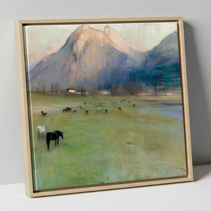 Alpine Grazing horse landscape canvas wall art in natural frame