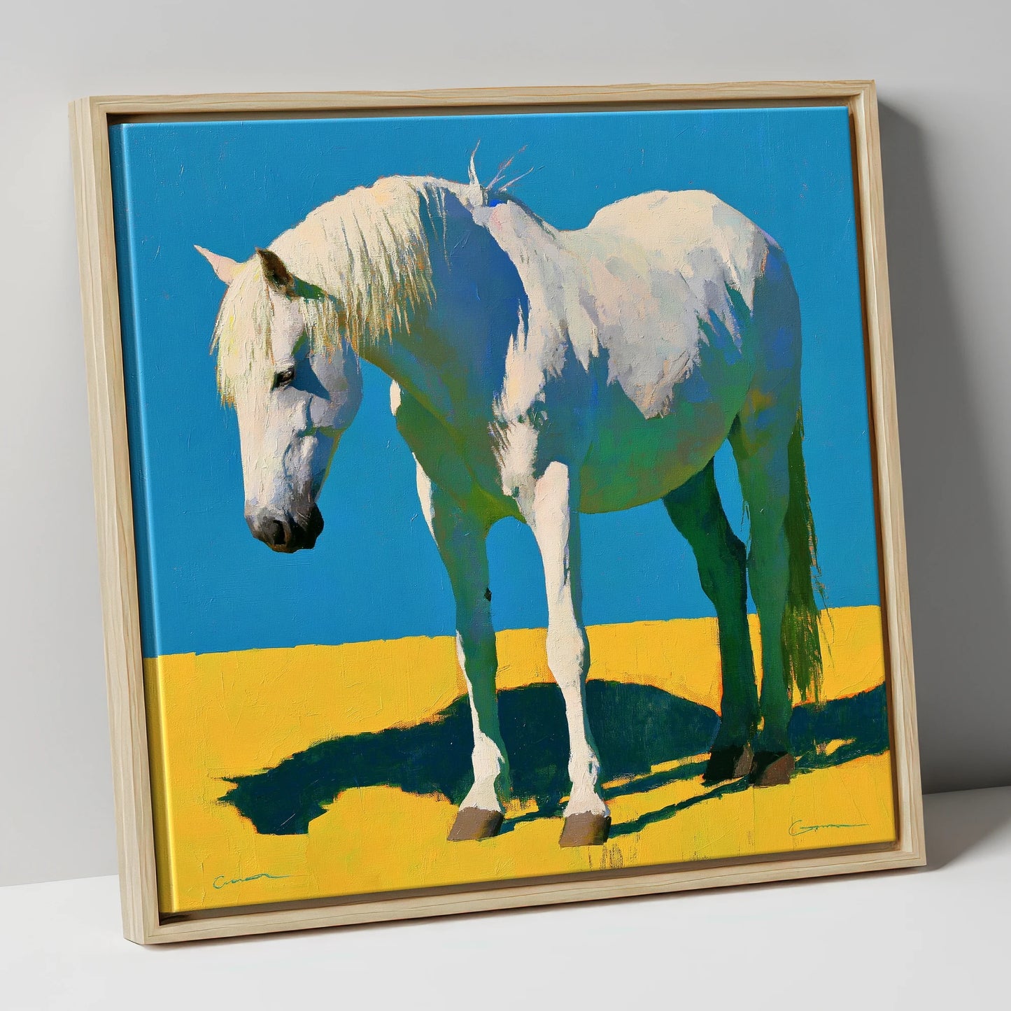Sunlit Grey Horse Blue Sky horse breed canvas wall art in natural frame