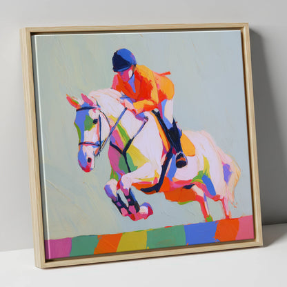 Technicolour Flight show jumping horse canvas wall art in natural frame