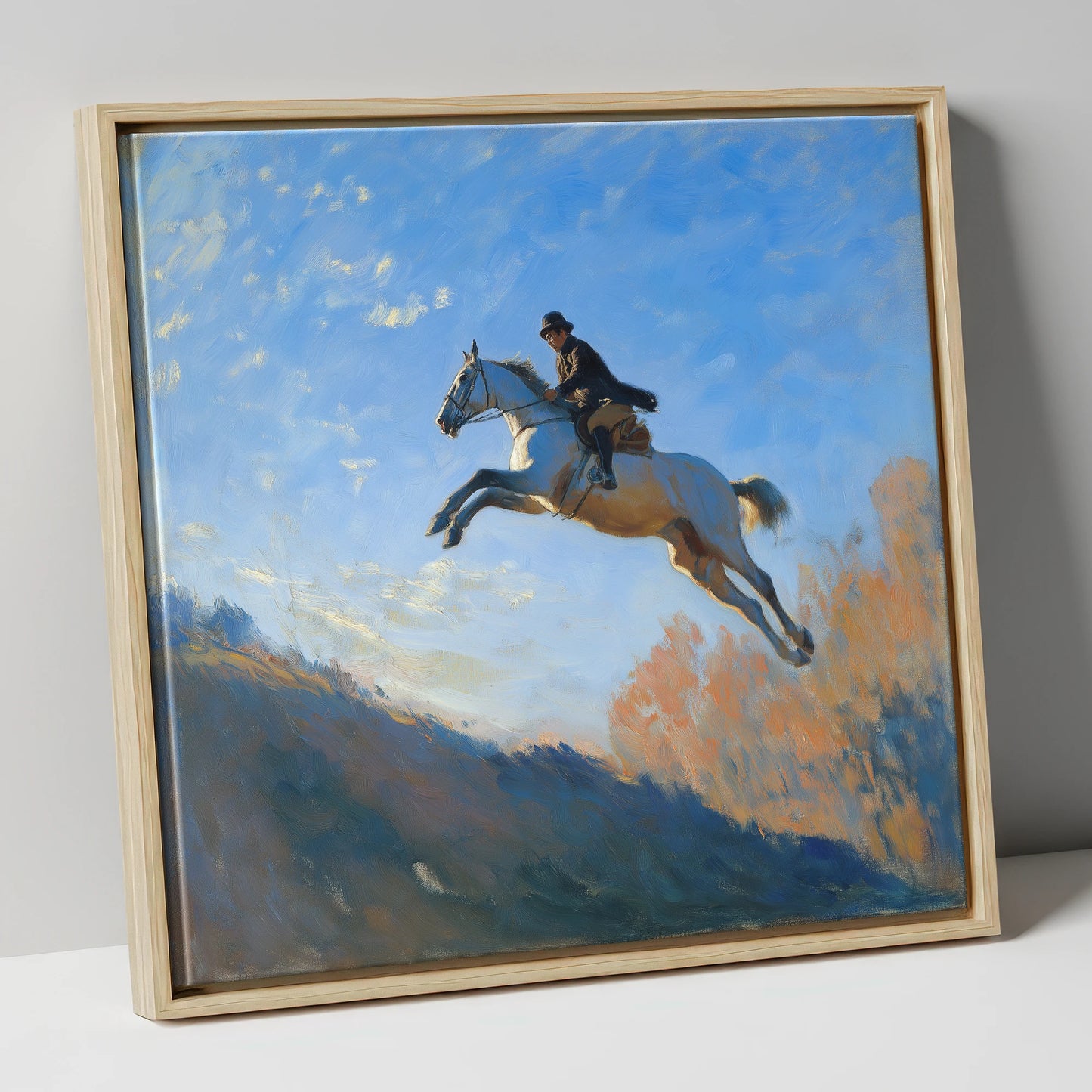 Flight Over The Ridge show jumping horse canvas wall art in natural frame