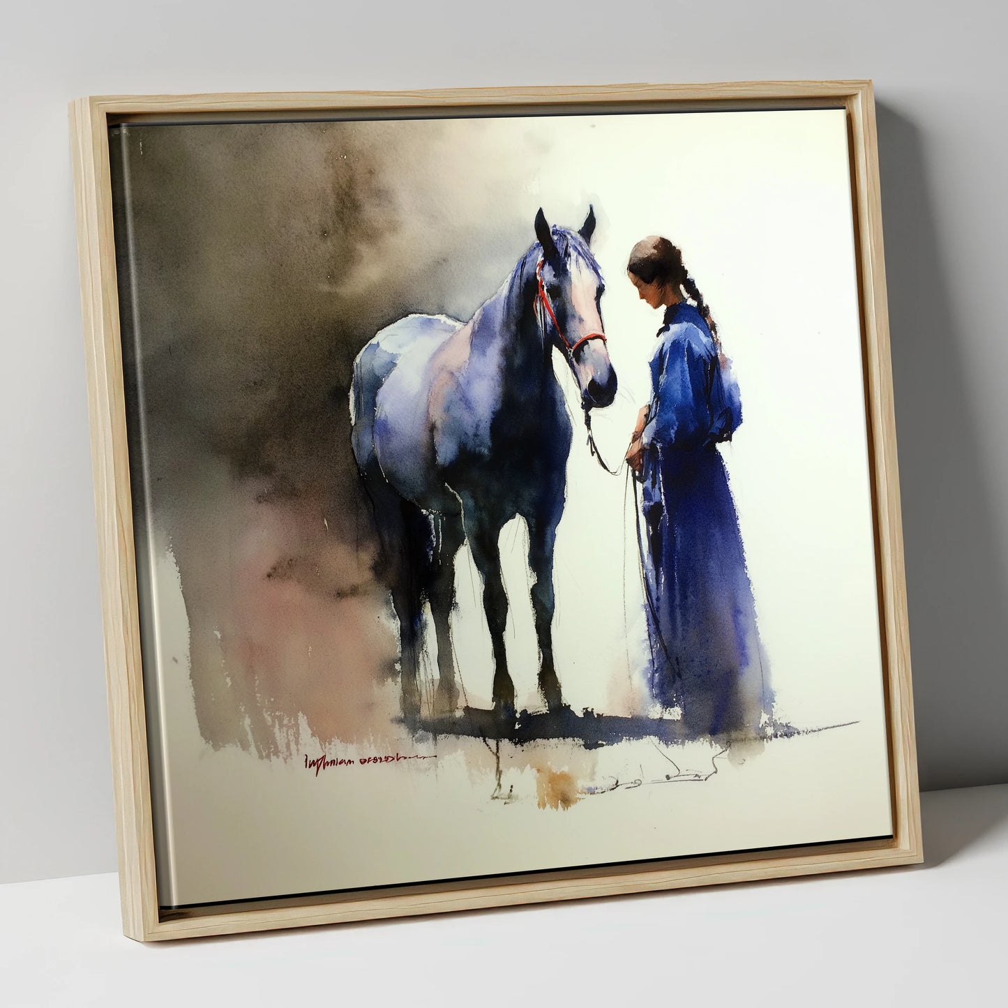 The Silent Bond horse & rider canvas wall art in natural frame