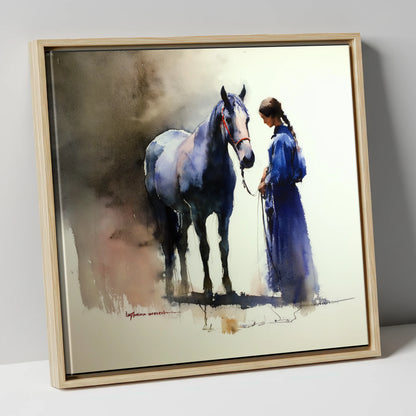 The Silent Bond horse & rider canvas wall art in natural frame