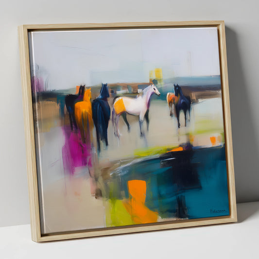 Vivid Horizon Herd horse landscape canvas wall art in natural frame