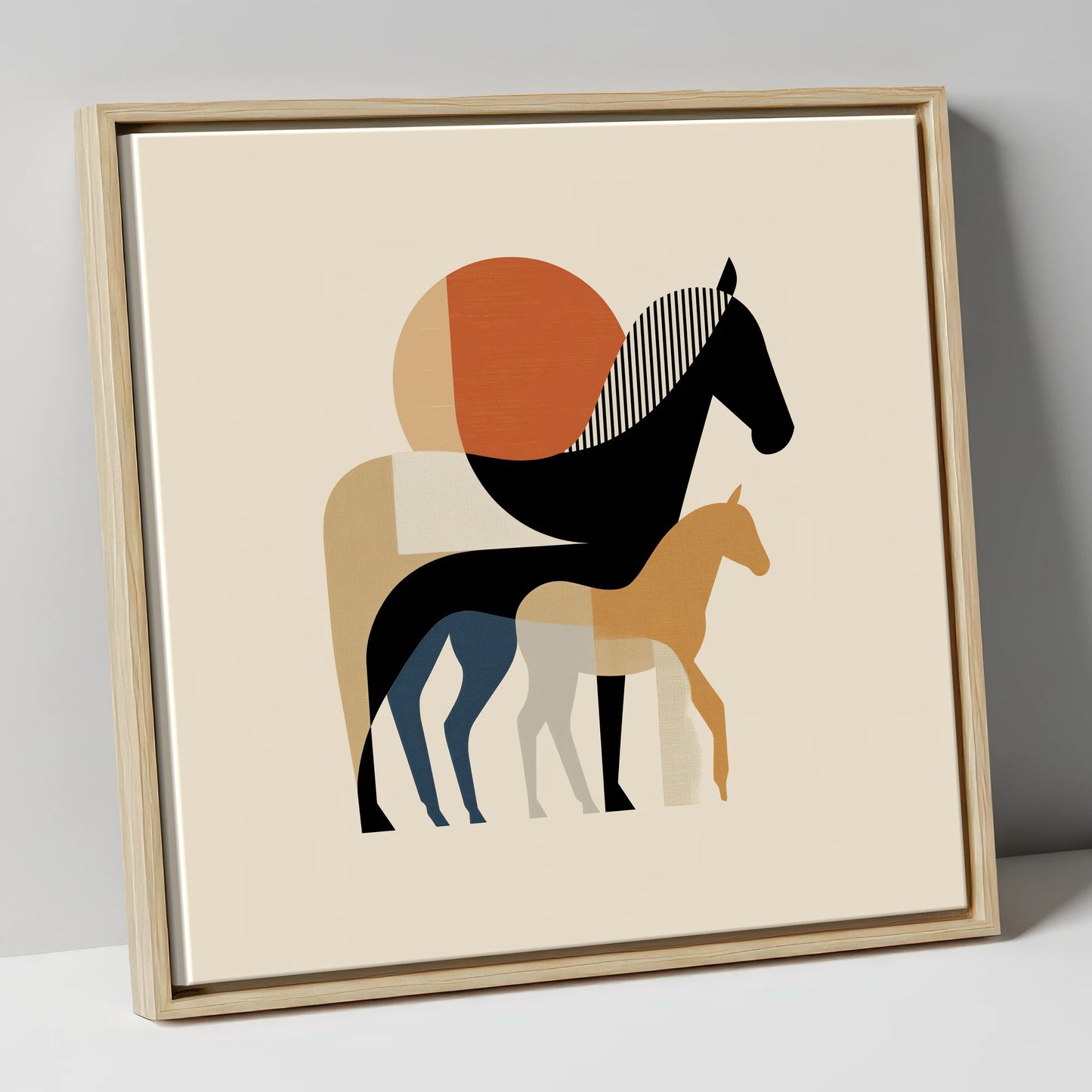 Geometric Equine Bond mare & foal canvas wall art in natural frame