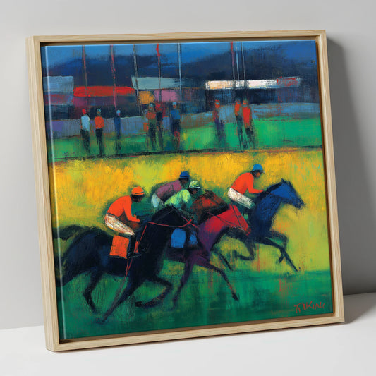 The Turf In Colour racing horse canvas wall art in natural frame