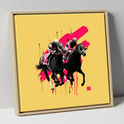 High Stakes Sprint racing horse canvas wall art in natural frame