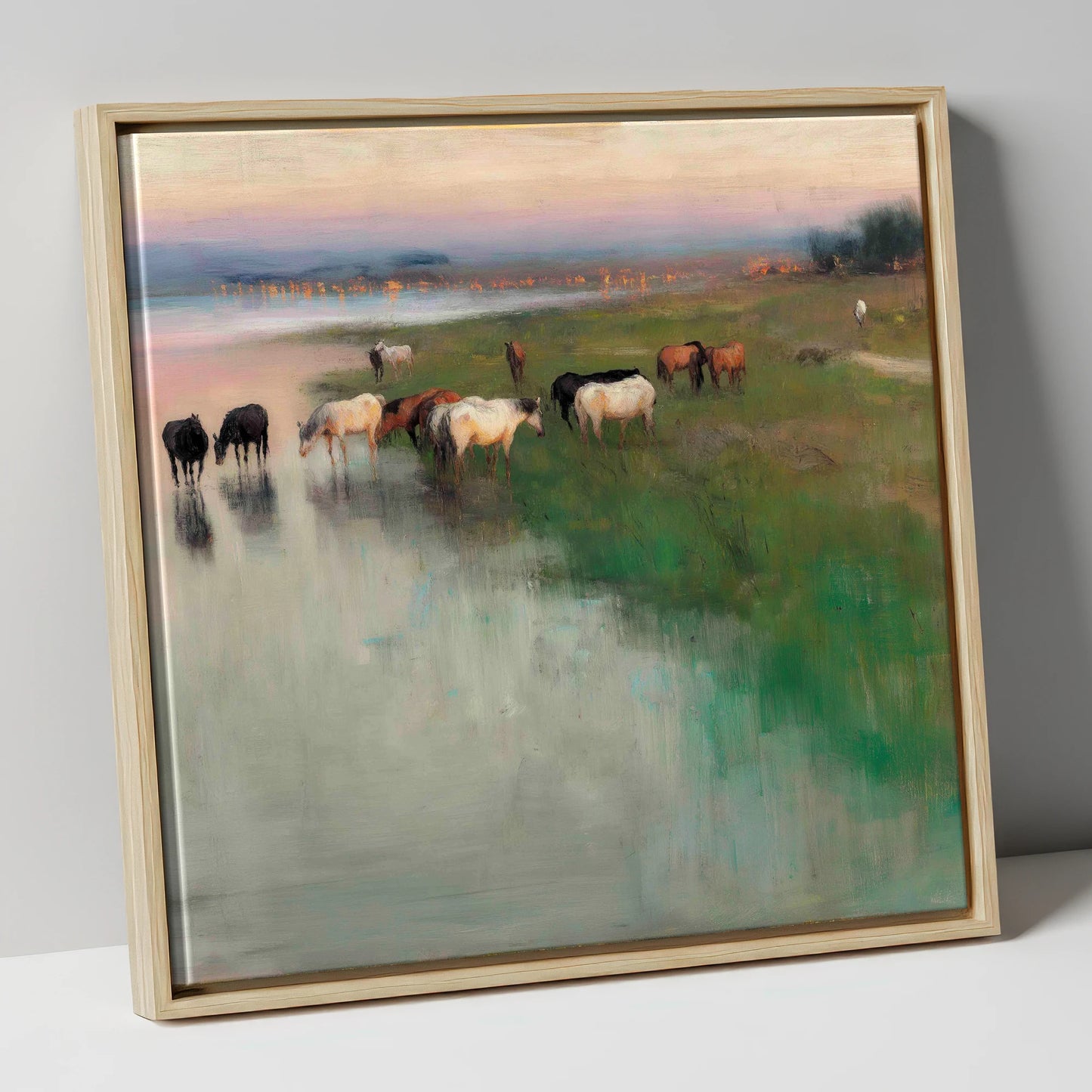 Misty Waterside Herd wild horses canvas wall art in natural frame