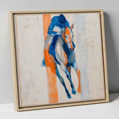 Velocity in Blue racing horse canvas wall art in natural frame