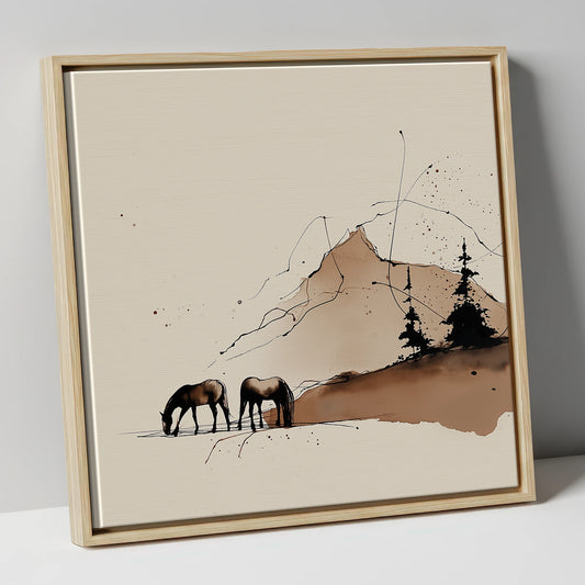 Highland Grazing horse landscape canvas wall art in natural frame