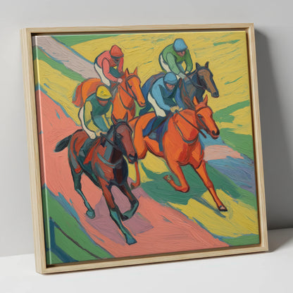 Colours of the Turf racing horse canvas wall art in natural frame
