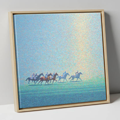 Ethereal Morning Gallop racing horse canvas wall art in natural frame