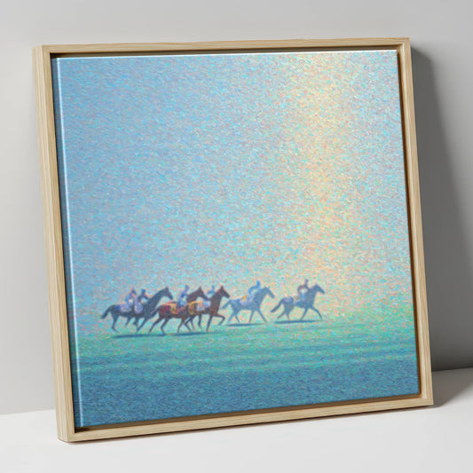 Ethereal Morning Gallop racing horse canvas wall art in natural frame