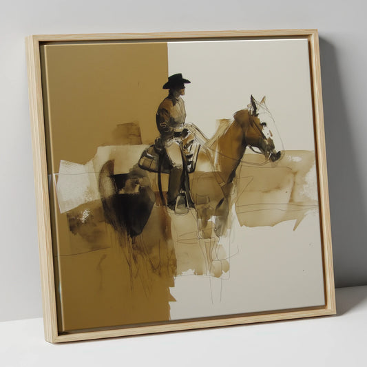 Western Horse and Rider in Sepia western horse canvas wall art in natural frame