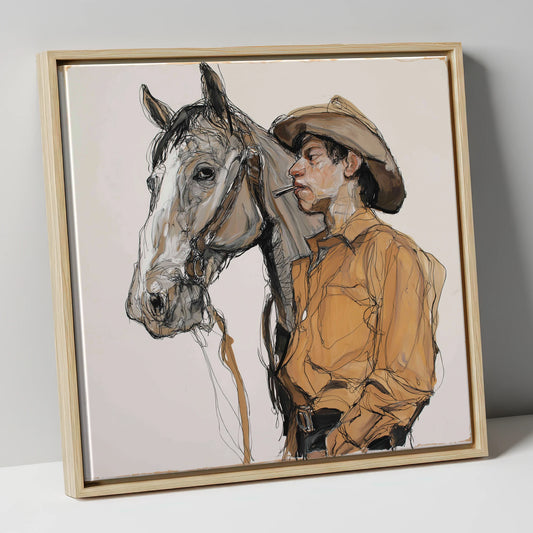 The Silent Bond western horse canvas wall art in natural frame