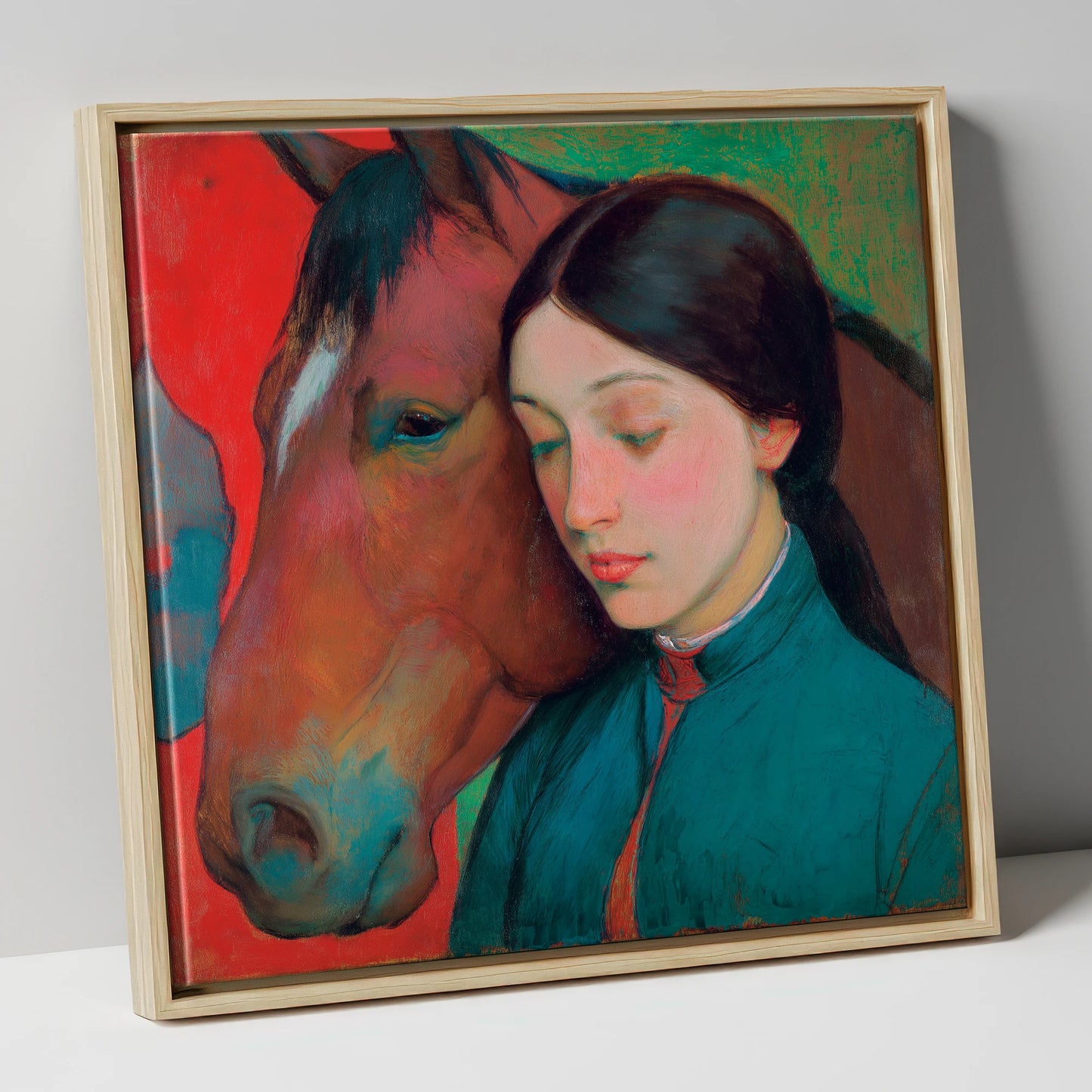 Silent Devotion horse & rider canvas wall art in natural frame