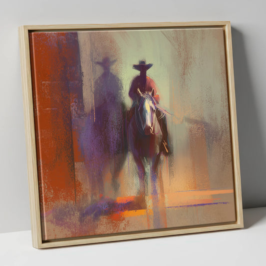 Rider in the Haze western horse canvas wall art in natural frame