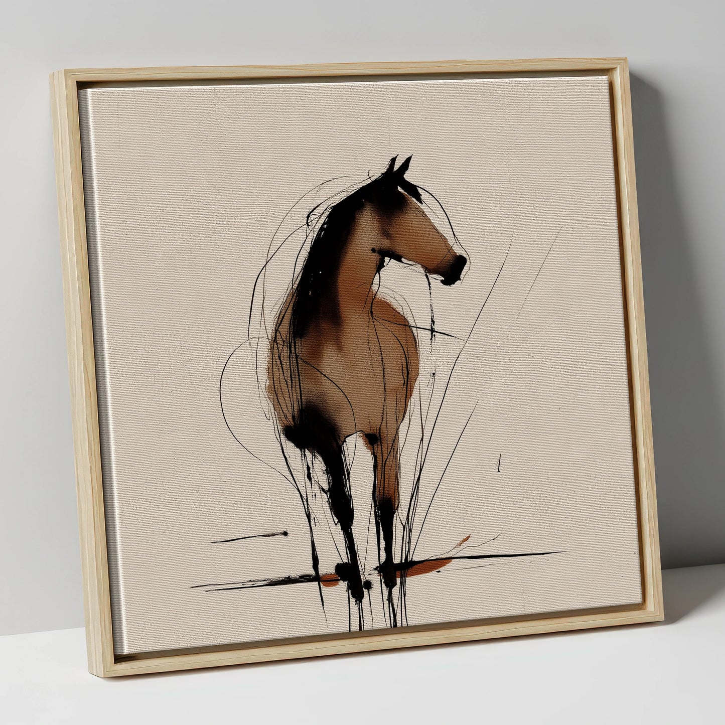 Gestural Sepia Equine horse portrait canvas wall art in natural frame