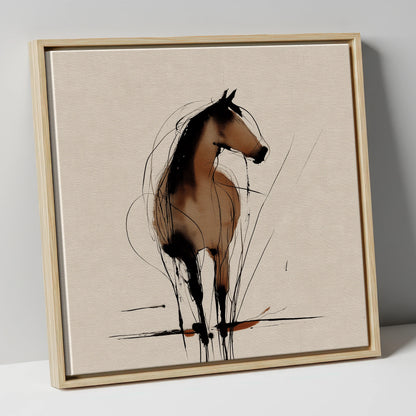 Gestural Sepia Equine horse portrait canvas wall art in natural frame