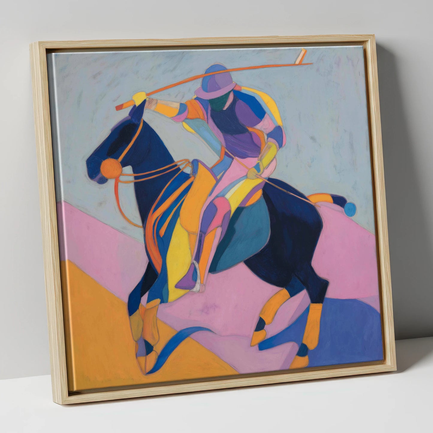 Vibrant Polo Strike polo horse canvas wall art in natural frame