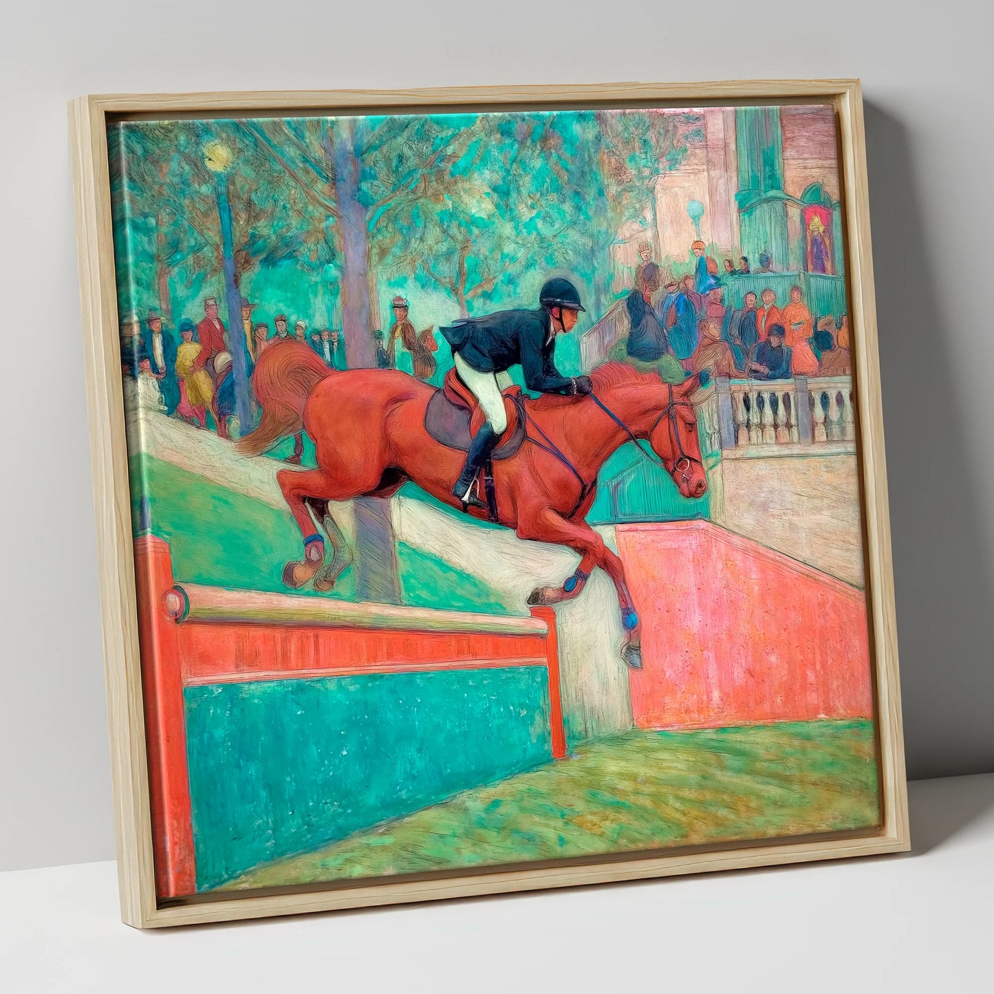 The Emerald Leap show jumping horse canvas wall art in natural frame