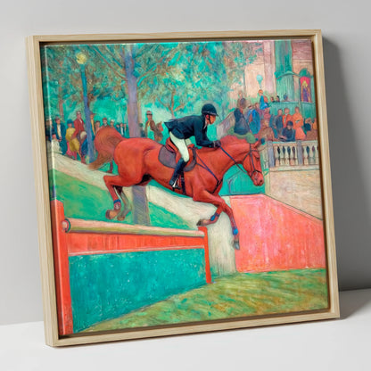The Emerald Leap show jumping horse canvas wall art in natural frame