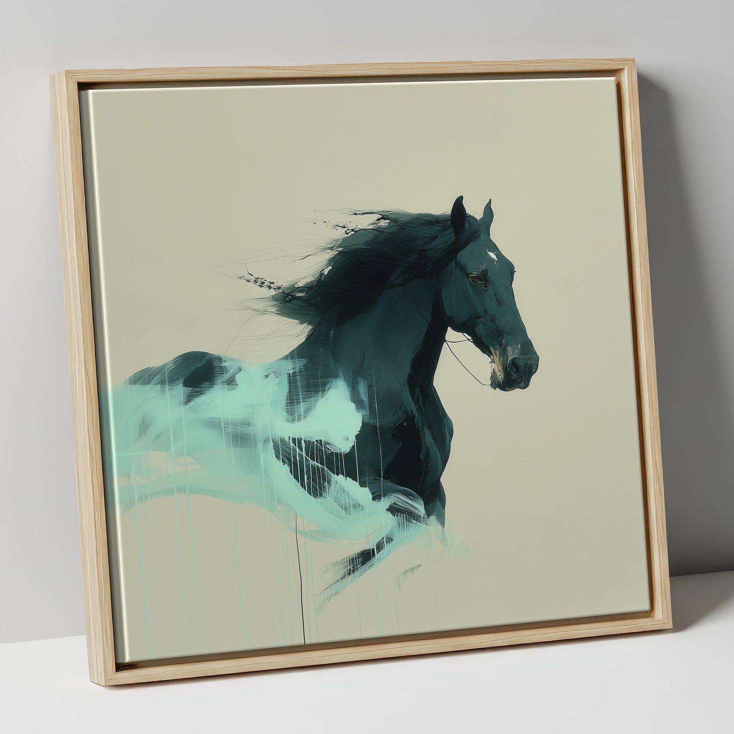 Midnight Teal Momentum horse breed canvas wall art in natural frame