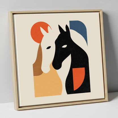 Modernist Equine Embrace horse portrait canvas wall art in natural frame