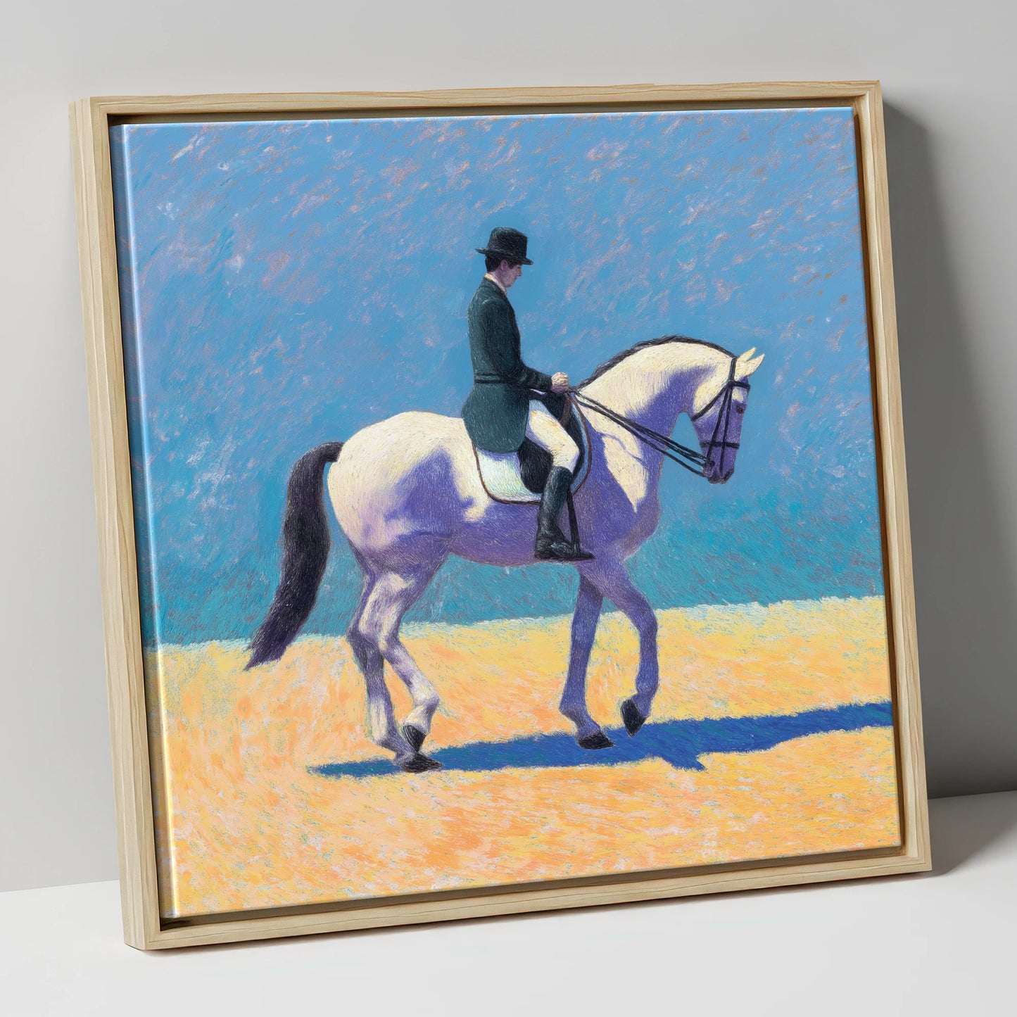 Lavender Shadows Dressage dressage horse canvas wall art in natural frame