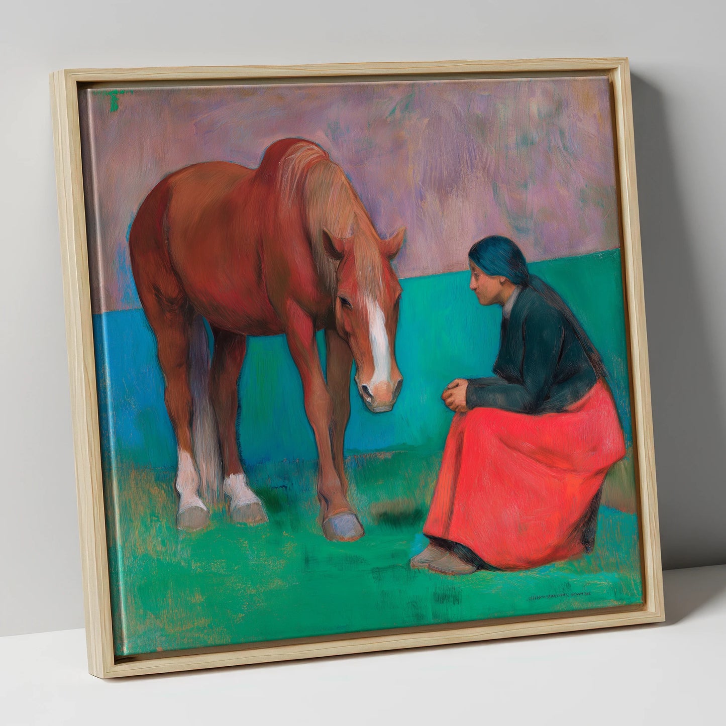 The Silent Dialogue horse & rider canvas wall art in natural frame