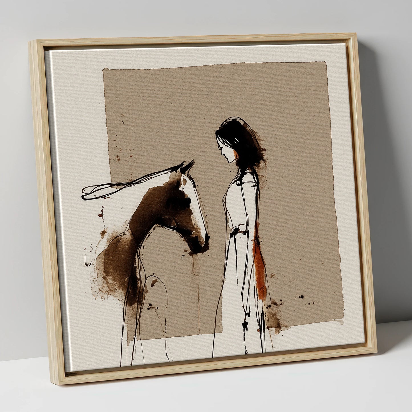 The Unspoken Bond horse & rider canvas wall art in natural frame