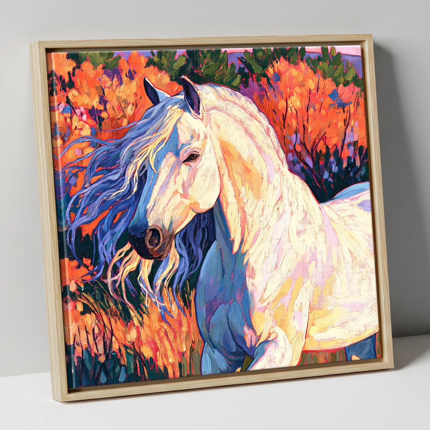 Vibrant White Andalusian Horse horse breed canvas wall art in natural frame