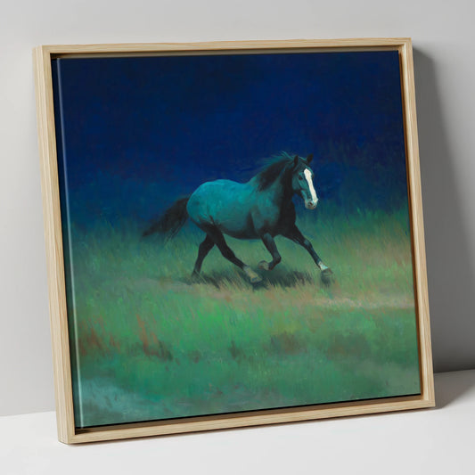 Midnight Canter horse landscape canvas wall art in natural frame