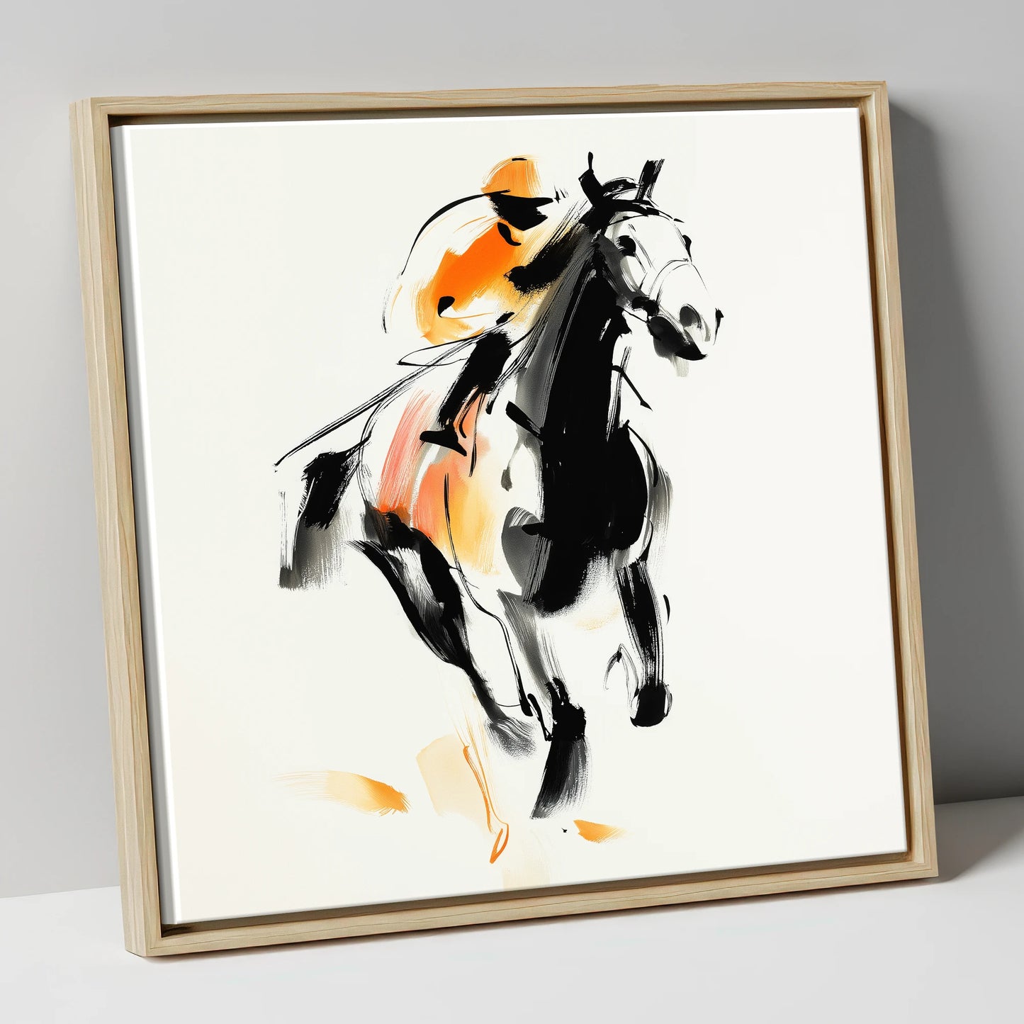 The Amber Sprint racing horse canvas wall art in natural frame