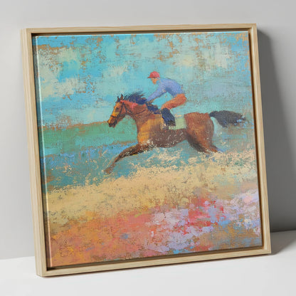 The Coastal Gallop racing horse canvas wall art in natural frame