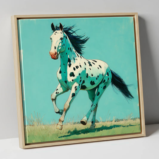 Teal Leopard Appaloosa horse breed canvas wall art in natural frame