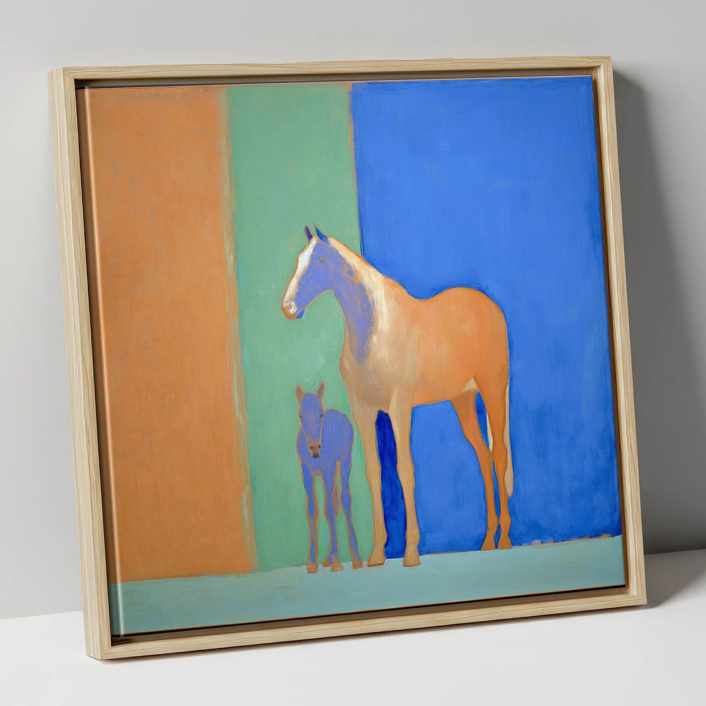 Cobalt and Sand mare & foal canvas wall art in natural frame