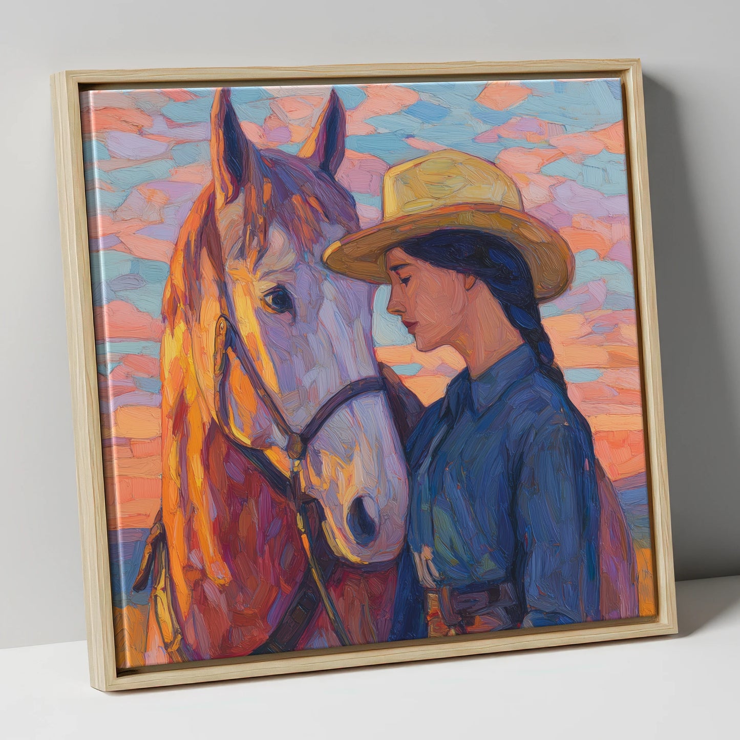 The Sundown Bond horse & rider canvas wall art in natural frame