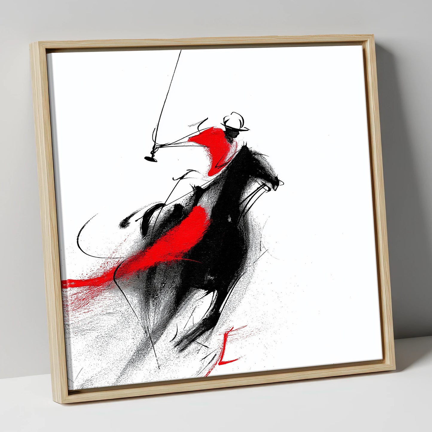 Dynamic Strike polo horse canvas wall art in natural frame