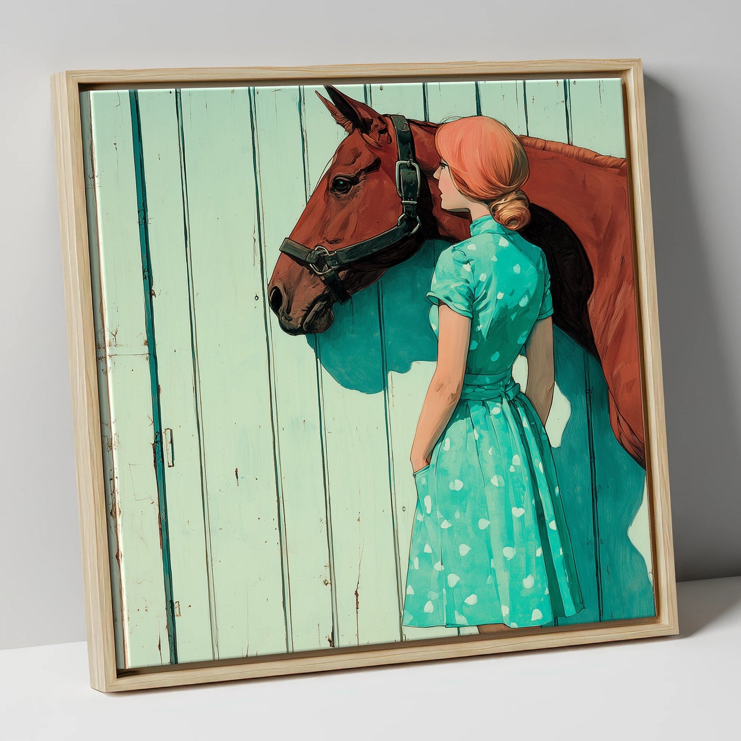 Shadows in Mint and Chestnut horse & rider canvas wall art in natural frame