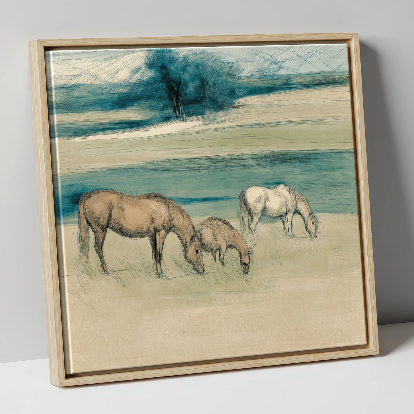 Tranquil Teal Pastures mare & foal canvas wall art in natural frame