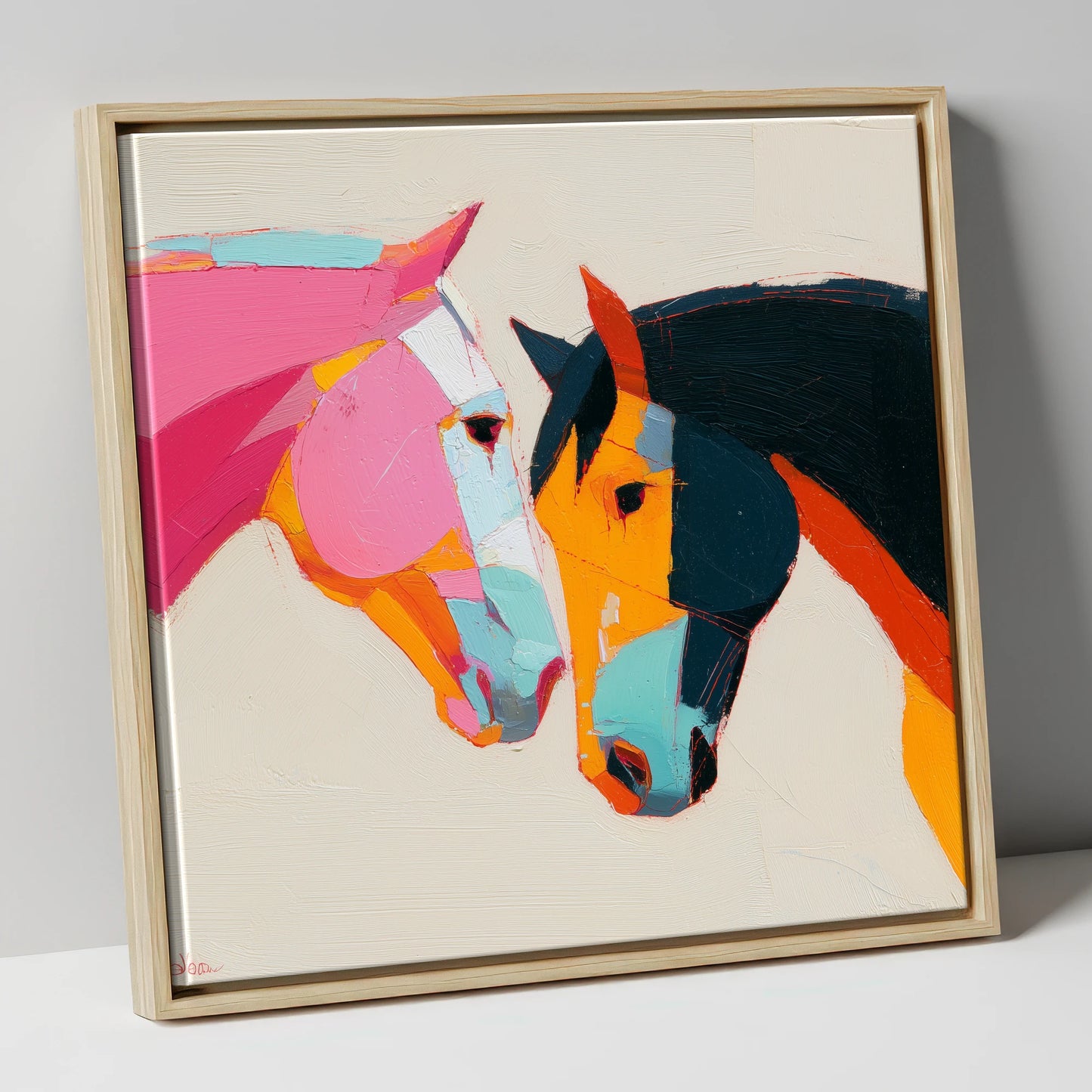 Vibrant Equine Bond horse portrait canvas wall art in natural frame