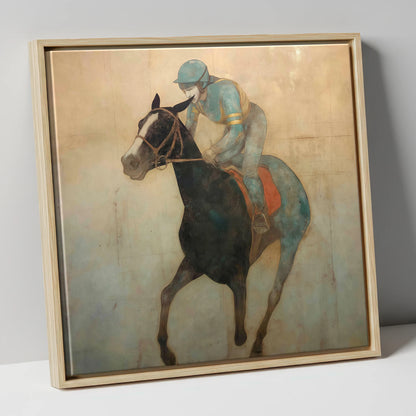 Teal Silk Canter racing horse canvas wall art in natural frame