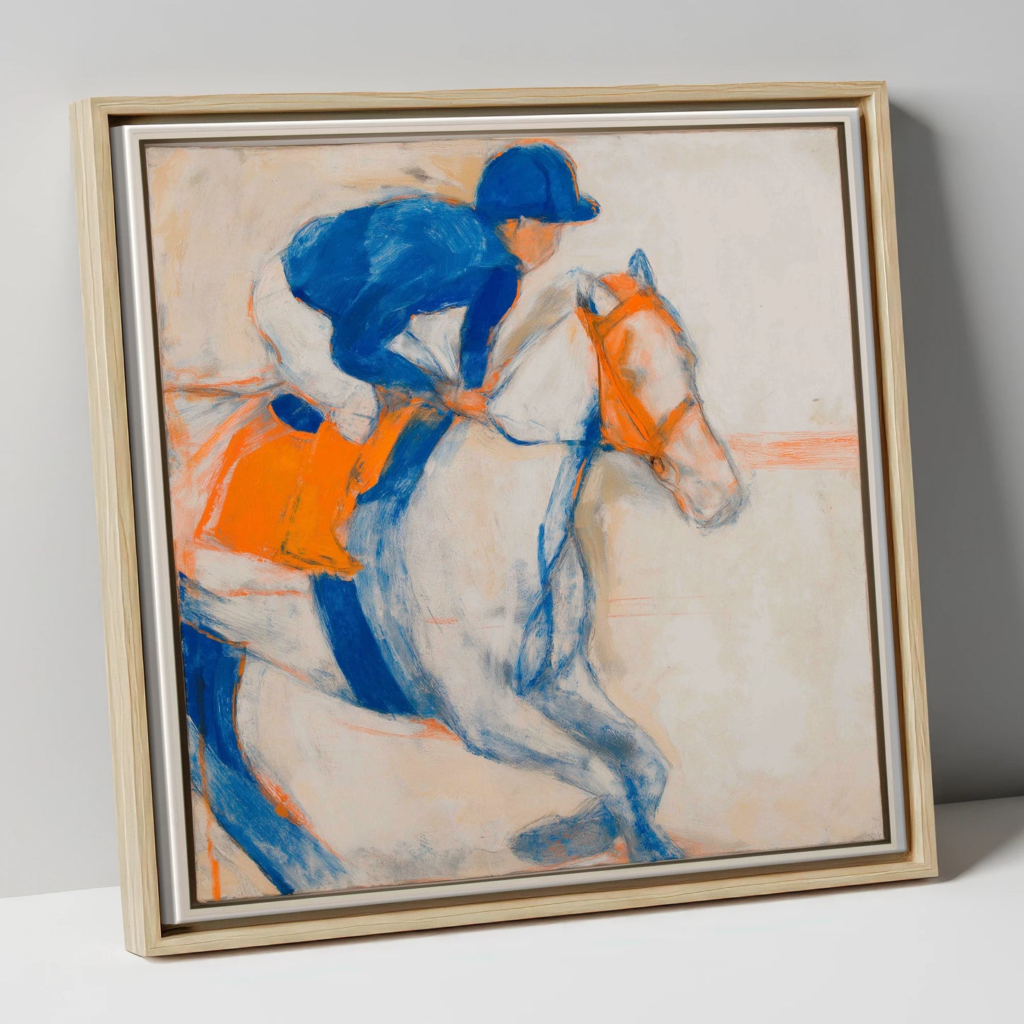 Bold Ultramarine Gallop racing horse canvas wall art in natural frame