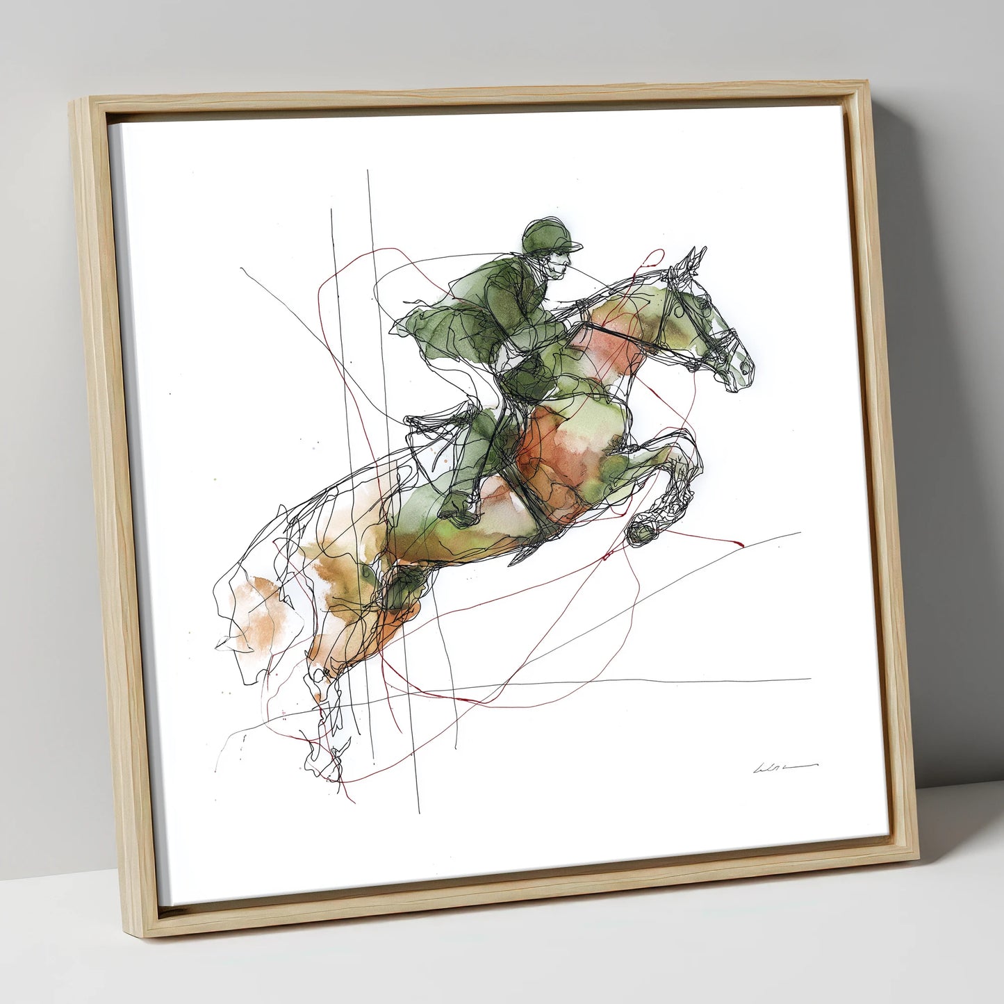 Dynamic Bascule show jumping horse canvas wall art in natural frame