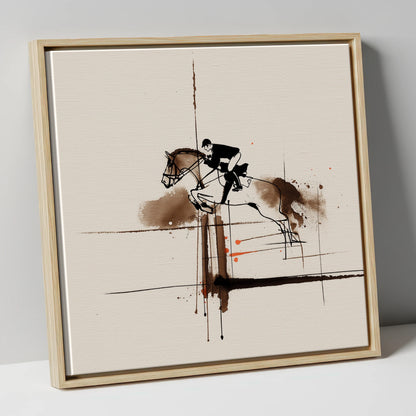 Clearing the Vertical show jumping horse canvas wall art in natural frame