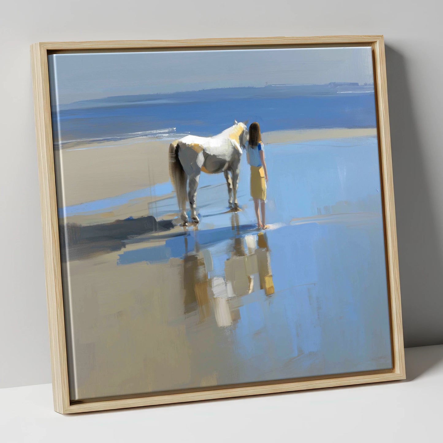 Reflections on the Shore horse & rider canvas wall art in natural frame