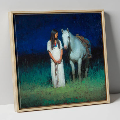 Quiet Night Vigil horse & rider canvas wall art in natural frame