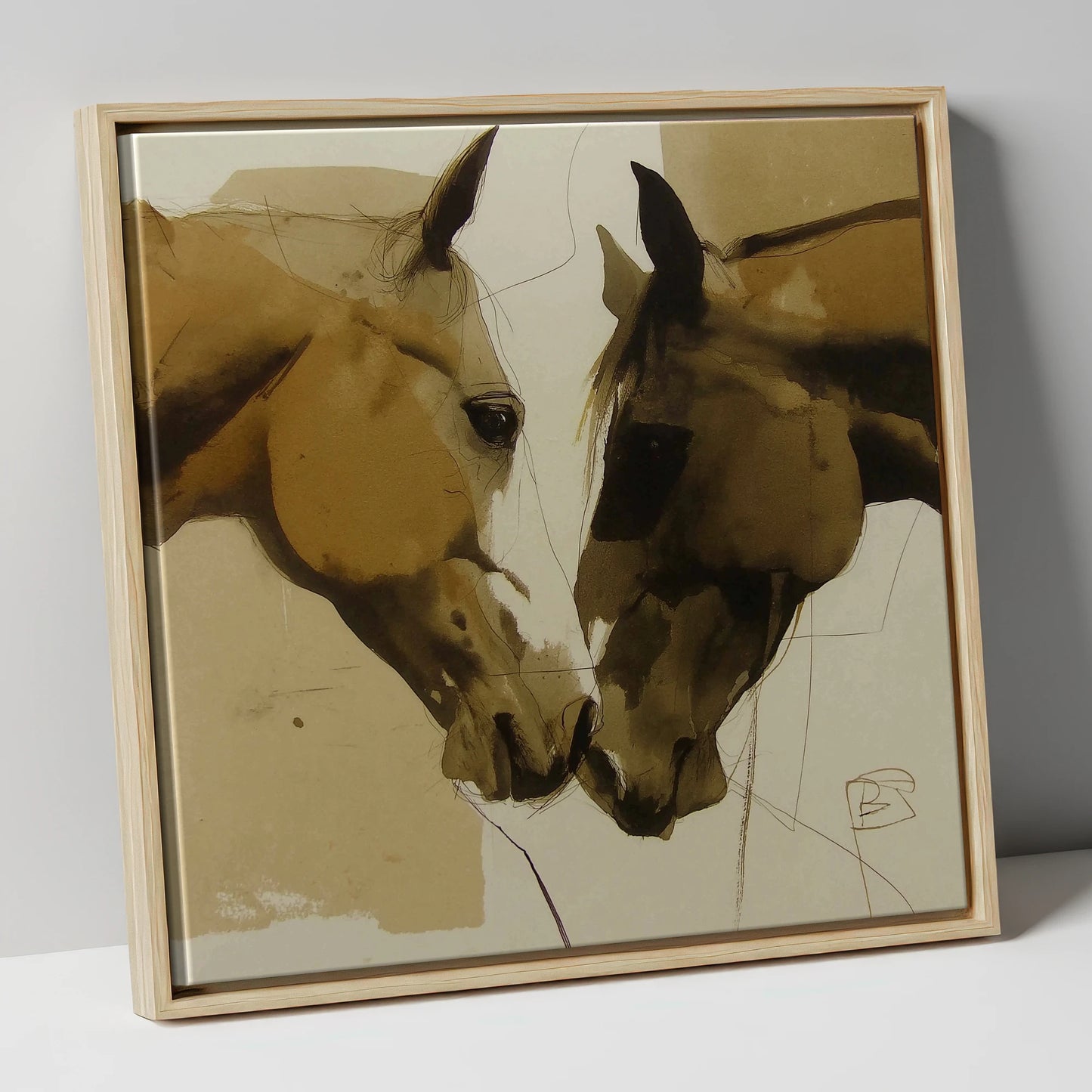 A Silent Bond horse portrait canvas wall art in natural frame