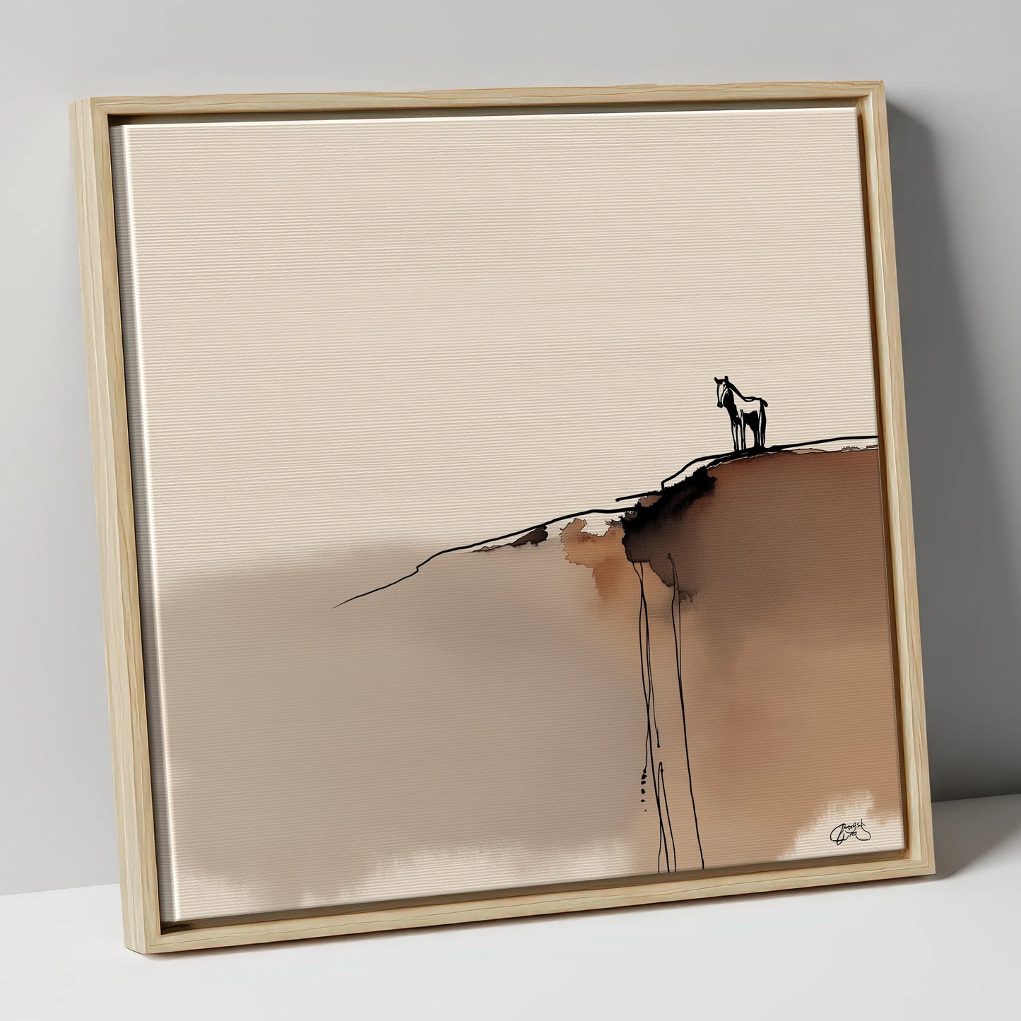 Sentinel on the Edge horse landscape canvas wall art in natural frame